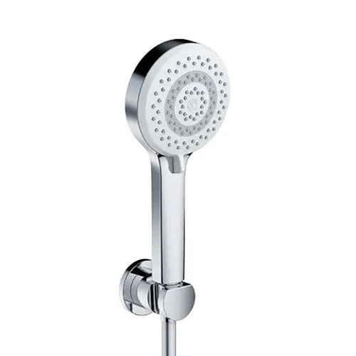 Duschkopf aus glänzendem Chrom mit kreisförmigem Design und zahlreichen Wasserstrahlöffnungen, montiert an einer Wandhalterung.